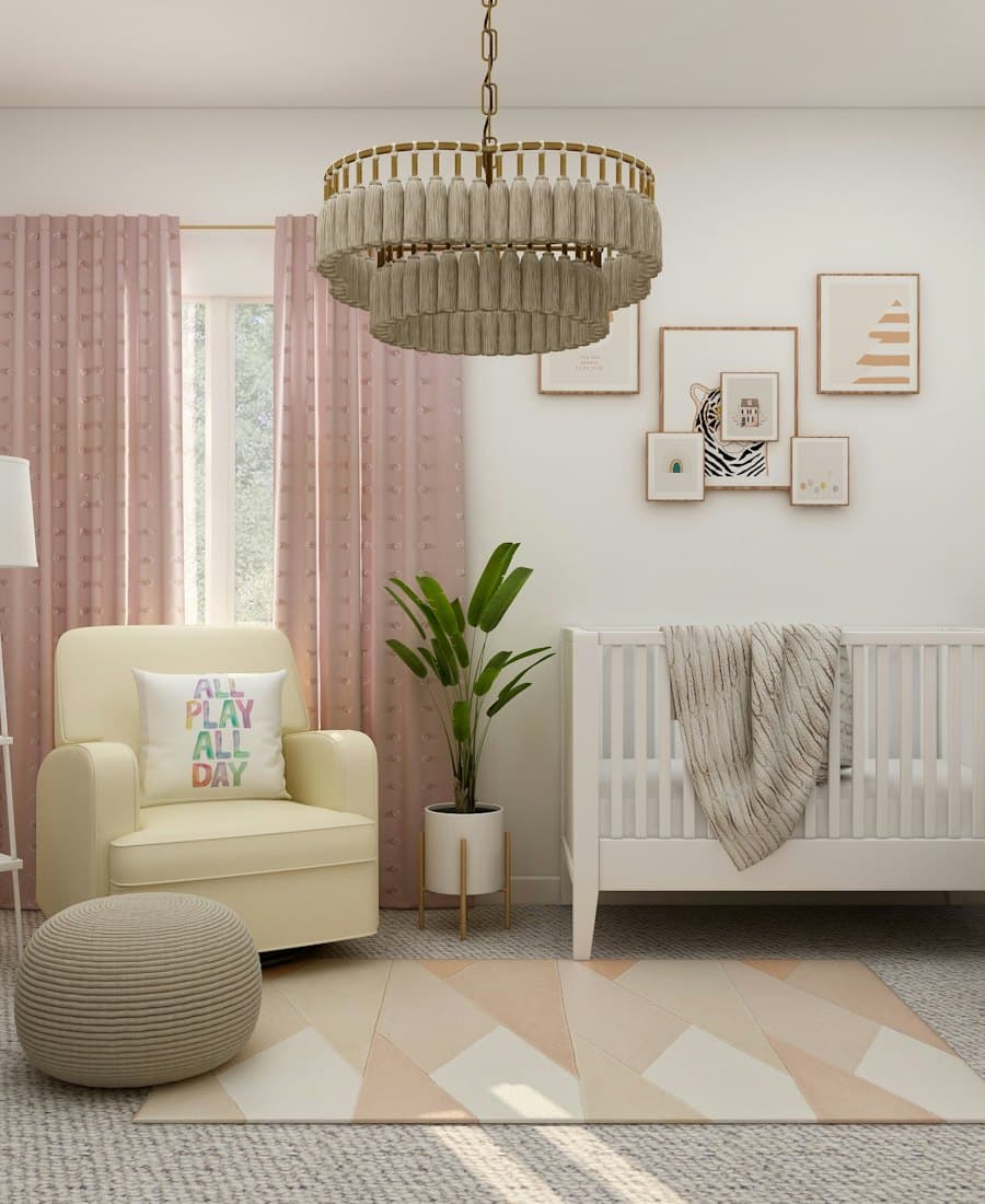 A bright nursery with a white crib and a cream armchair