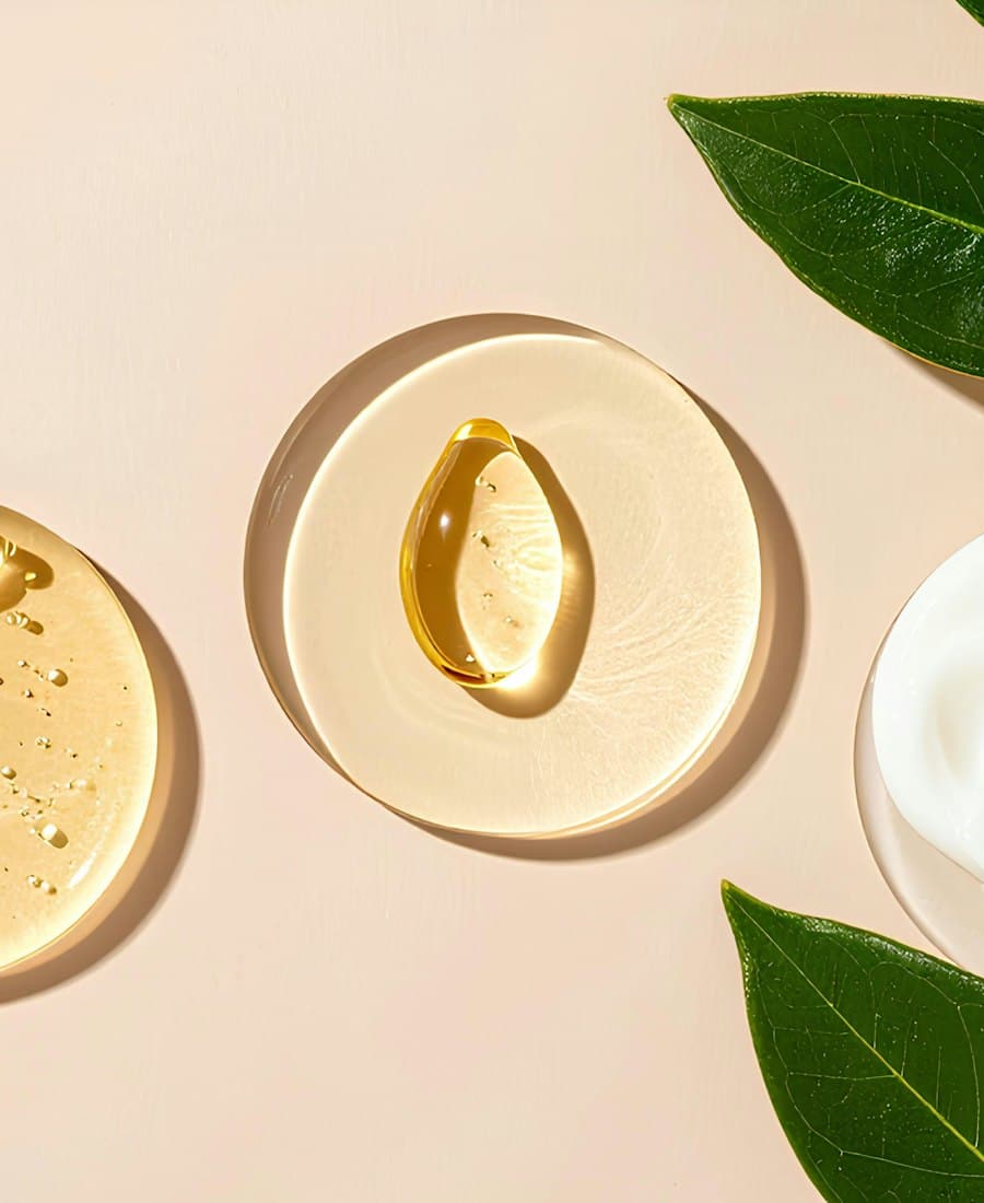Glass dishes of face oil and cream beside green leaves